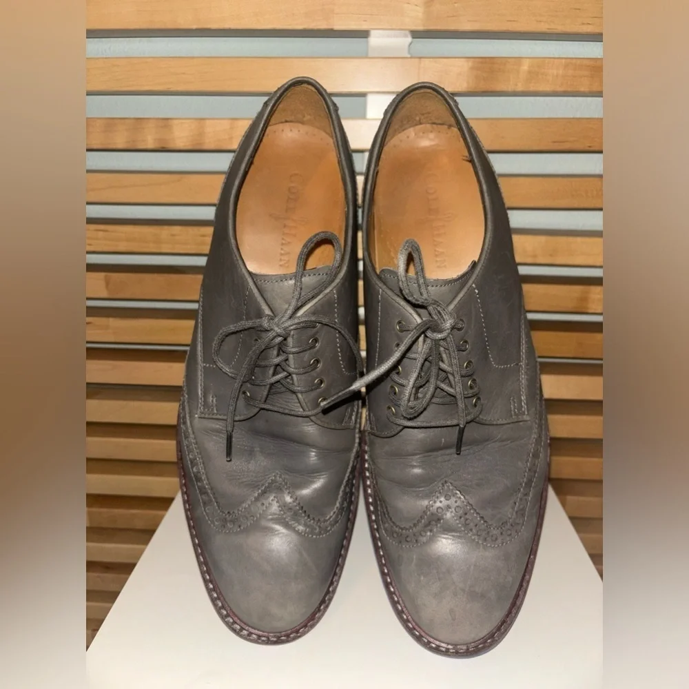 Cole Haan Men's Gray Wingtip Dress Shoes With Blue Soles Size 10.5